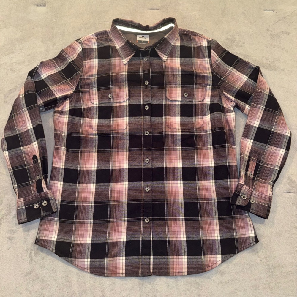 Ridgecut Toughwear Mens Large Purple Black Plaid Flannel Button Down Shirt L